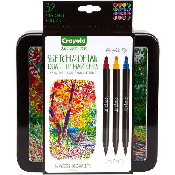 Crayola Signature Sketch & Detail Dual-Tip Markers W/Tin 3 Crayola Signature Sketch & Detail Dual-Tip Markers W/Tin